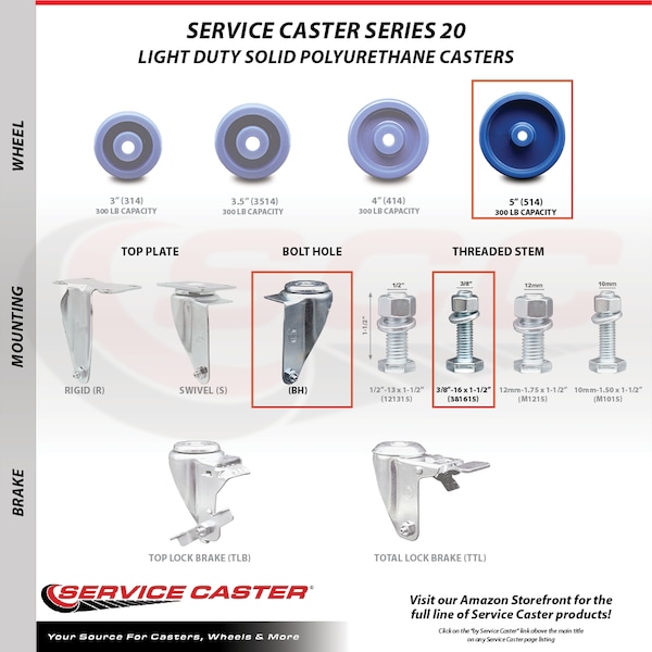 Service Caster 5 Inch SS Solid Polyurethane Swivel 3/8 Inch Threaded Stem Caster Brakes, 2PK SCC-SSTS20S514-SPUS-381615-2-TLB-2 - main